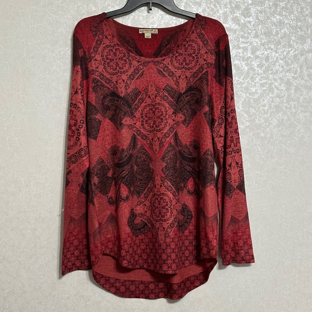 Energe‎ World Wear Red Long Sleeve Embellished Paisley Print Tunic Top Boho Sz L